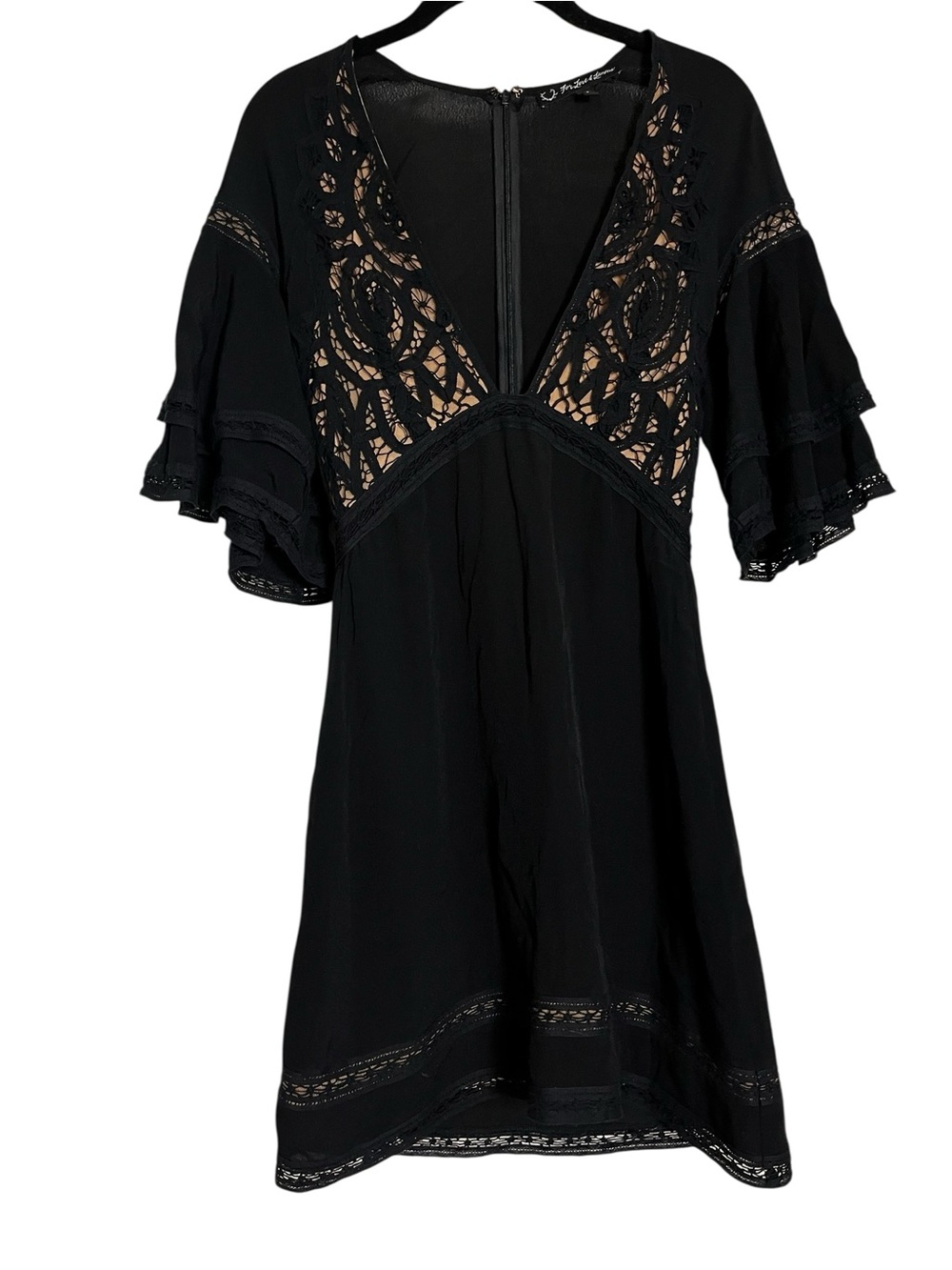 For Love & Lemons Carmine Mini Dress Black Lace Plunge Flutter Sleeve S - Picture 5 of 14